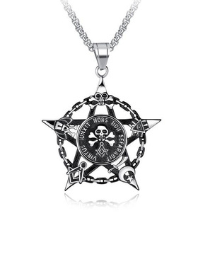 爆款不锈钢饰品朋克五角星骷髅共济会精品钛钢吊坠项链男