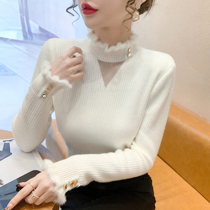 一体绒毛衣女秋冬新款内搭修身蕾丝针织衫加绒加厚打底衫女