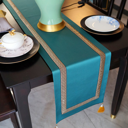 轻奢墨绿色中式桌旗高级感