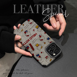 11翻毛皮樱桃满屏可爱猫皮质软全包14pro男女xs简约17Air保护套 初绽适用苹果16promax手机壳iphone15