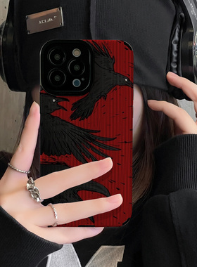 初绽适用oppo红底彩绘黑色乌鸦reno10手机壳7PRO防摔RENO6新款9pro全包8pro+高级皮质软RENO5小众4se保护套女