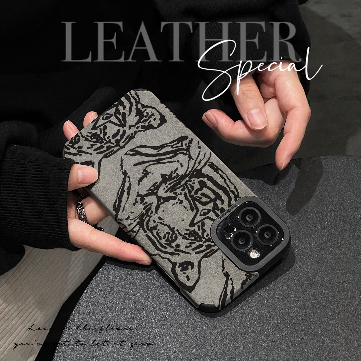 初绽适用红米NOTE15proplus手机壳14时尚12青春11情侣note10pro翻毛皮黑色老虎绘画小众皮质软全包时尚保护套