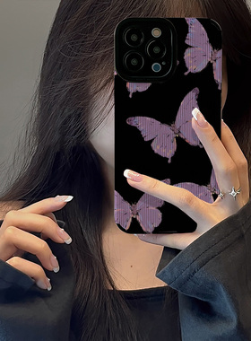 初绽适用VIVO S20手机壳19/18竖条纹黑底紫色蝴蝶小众唯美潮S17青春S16软壳S12皮质S50全包S9防摔高档保护套