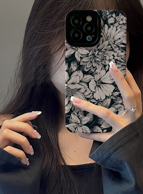 初绽适用oppo暗黑油画白色花朵reno10手机壳7PRO防摔RENO6新款9pro全包8pro+高级皮质软RENO5小众4se保护套女