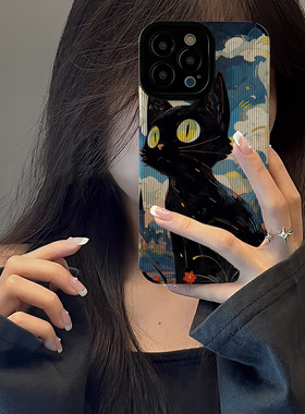初绽适用华为油画卡通黑色猫咪NOVA11手机壳8女9PRO简约nova10防摔女个性3皮质软7SE创意65G保护套nova5个性4