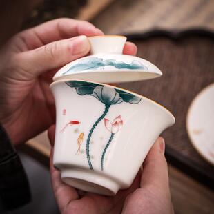 羊脂玉功夫盖碗陶瓷中国白光滑易清洗家用简约泡茶器三才茶碗茶具