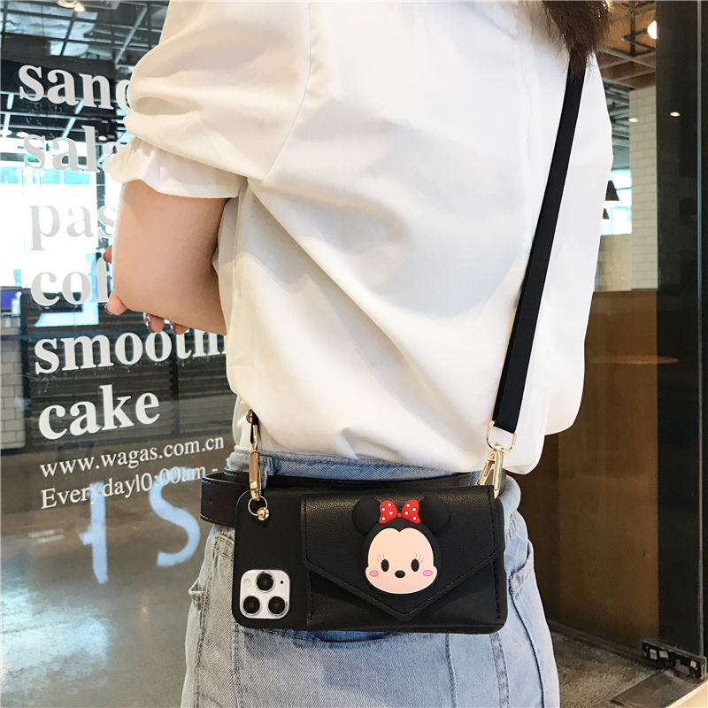 适用苹果15手机壳13Pro零钱包11Promax卡通12米奇xs带挂绳xr卡包xsmax软壳iphone14可背6splus斜挎se高级感8