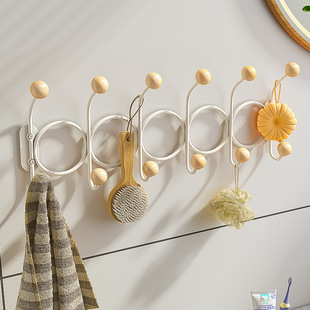 免打孔铁艺木球双排钩墙上挂钩粘钩客厅浴室收纳挂衣架门后挂衣钩