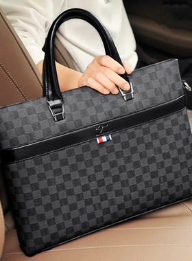 香港I.Tgreg真皮手提包男商务轻奢男士公文包横款格子电脑斜挎包