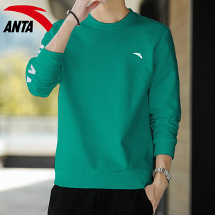 安踏卫衣男绿色2026春秋加绒宽松上衣官网旗舰圆领棉质透气长袖 男