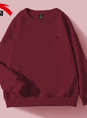 安踏红色卫衣女圆领无帽复古套头打底衫2025秋冬加绒品牌运动长袖