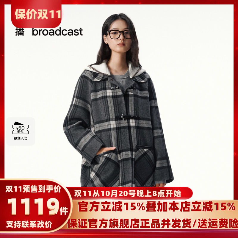 播复古松弛宽松中长款格子羊毛呢外套女25冬新款呢大衣DDS4AD5136