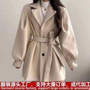 批发韩版Chic秋冬宽松风大衣女呢子西装领中长款小个子毛呢外套女