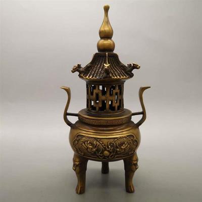 纯铜塔炉仿古炼丹炉双龙戏珠熏香炉象炉家居三体香薰用品大号黄铜