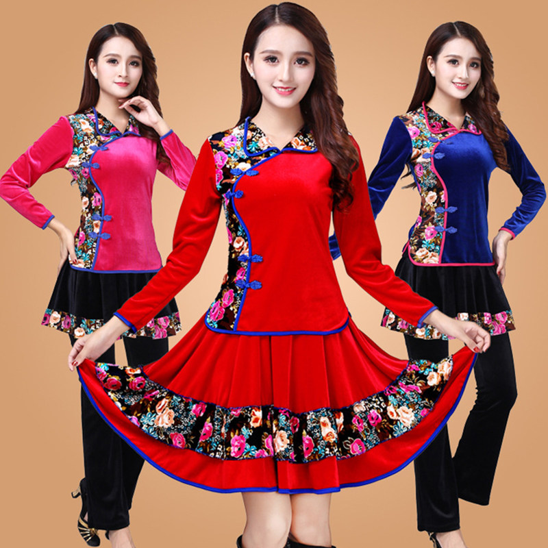 。广场舞服装新款套装春秋金丝绒半身裙民族风中老年演出舞蹈裙裤