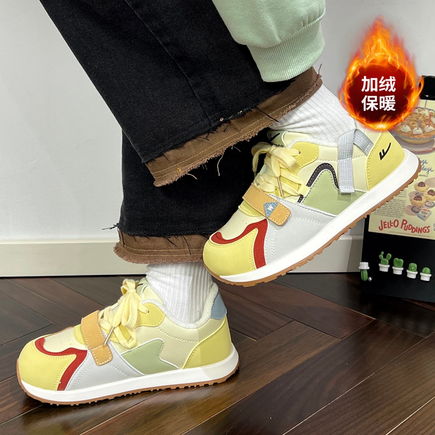 回力丑萌拼色保暖加绒休闲厚底