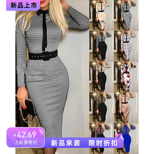 Long Sleeve Houndstooth Print Work Dress印花连衣裙女