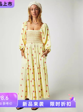 Autumn Casual Flare Sleeves Embroidered Square Neck Sunflowe