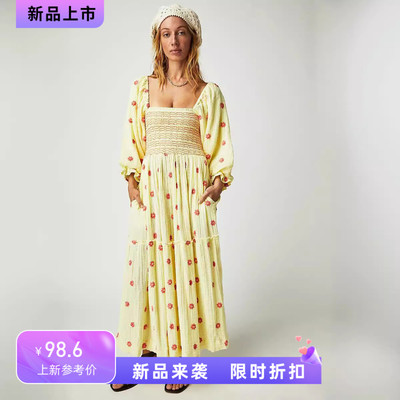 Autumn Casual Flare Sleeves Embroidered Square Neck Sunflowe