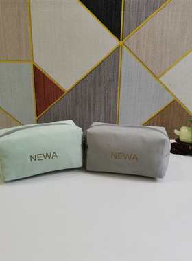 黎贝卡新款布艺淡绿色灰色双色便携简约化妆包手拿包收纳包整理包