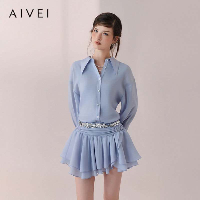 AIVEI欣贺艾薇2026春季新法式浪漫高腰荷叶边雪纺连衣裙XSV1L29B