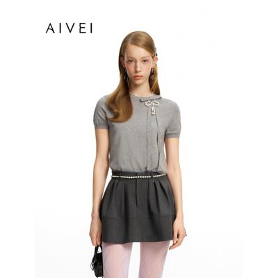 AIVEI欣贺艾薇2026秋季新奶呼呼甜美风蝴蝶结短袖针织衫XSV5M14B