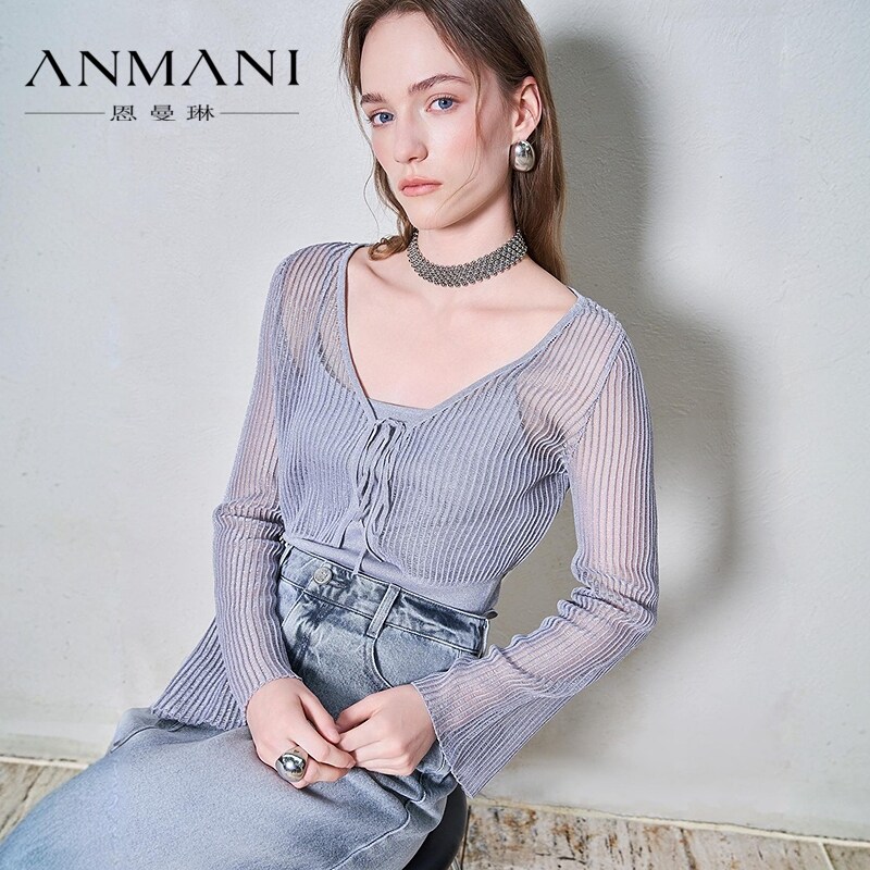 ANNMEL恩曼琳25夏季新款休闲气质针织吊带亮葱开衫两件套EANFBA31