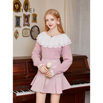 AIVEI欣贺艾薇 芭比系列 秋新浪漫荷叶领绞花套头针织衫Q0560143