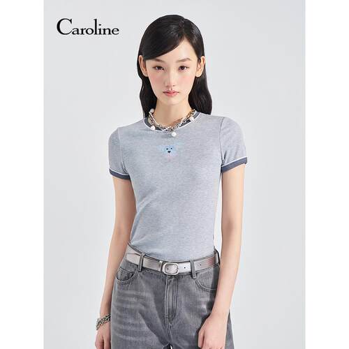 Caroline卡洛琳2026夏季新款趣味印花撞色修身正肩T恤ESC2T01C
