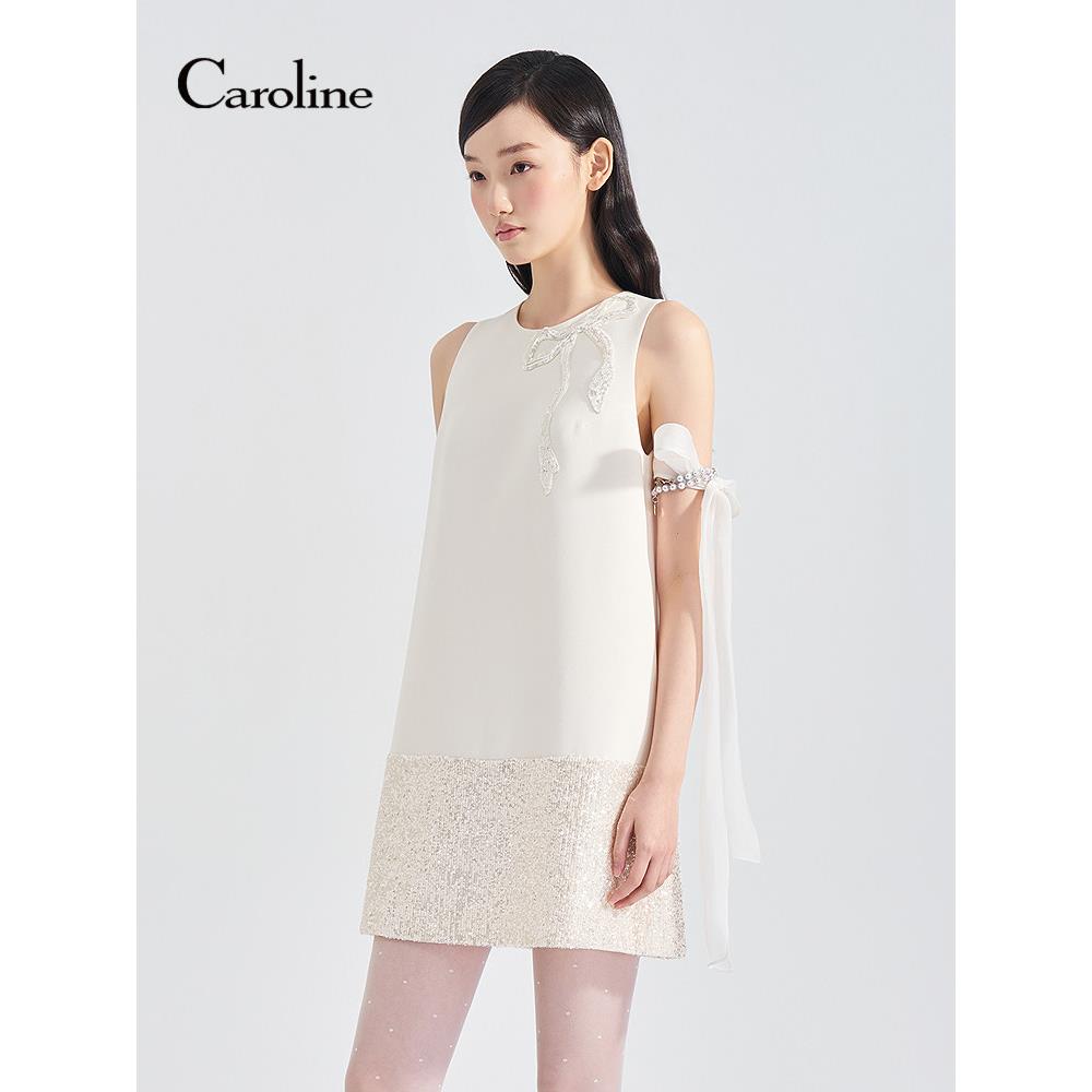 Caroline卡洛琳2026夏季新款亮片蝴蝶结裙摆无袖连衣裙ESC2L04S