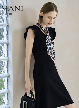 商场同款-ANMANI恩曼琳23秋季新品飞边袖修身针织连衣裙P341201F