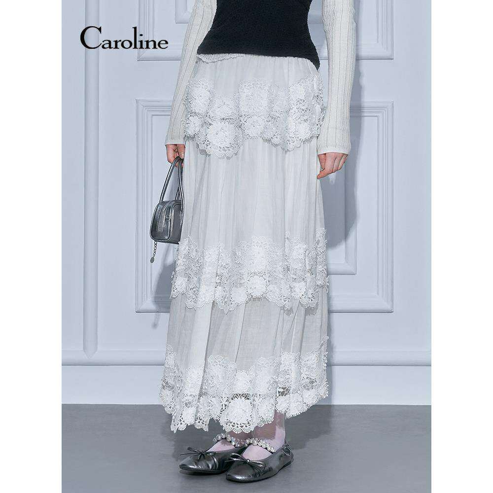 Caroline卡洛琳2026春季新款苎麻蕾丝花朵刺绣长半身裙ESC1Q02C