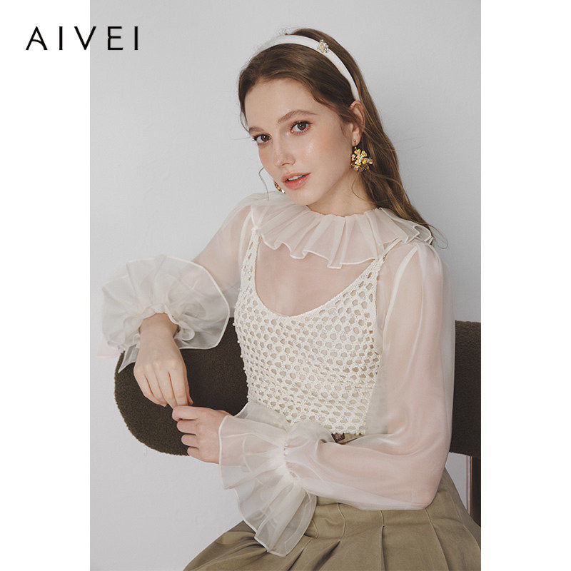 AIVEI欣贺艾薇2025春季复古气质透视雪纺衫镂空背心套装S716301A