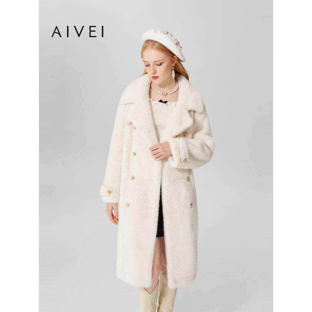 AIVEI欣贺艾薇冬季新慵懒贵气英伦过膝环保皮草大衣Q066S103