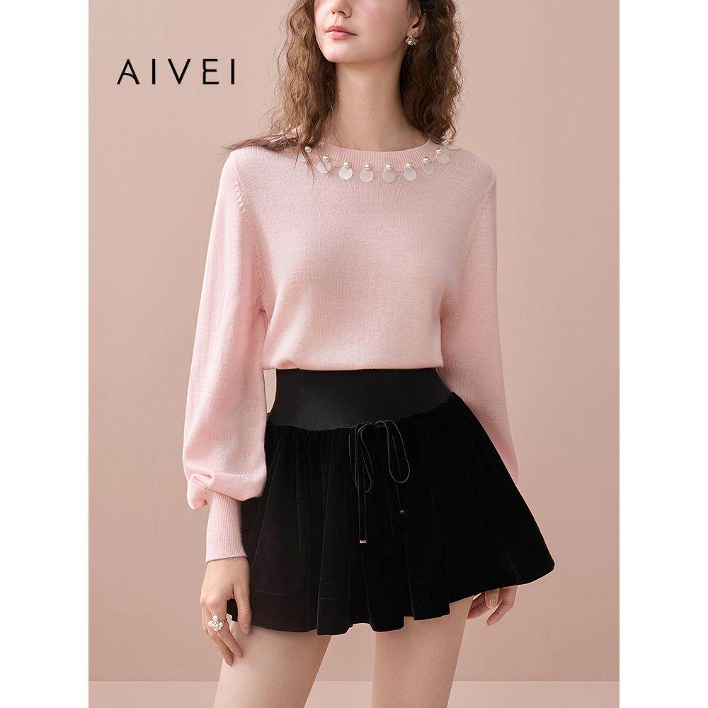 AIVEI欣贺艾薇2025秋季新减龄软糯风钉亮片粉色针织毛衣XRV4M18A