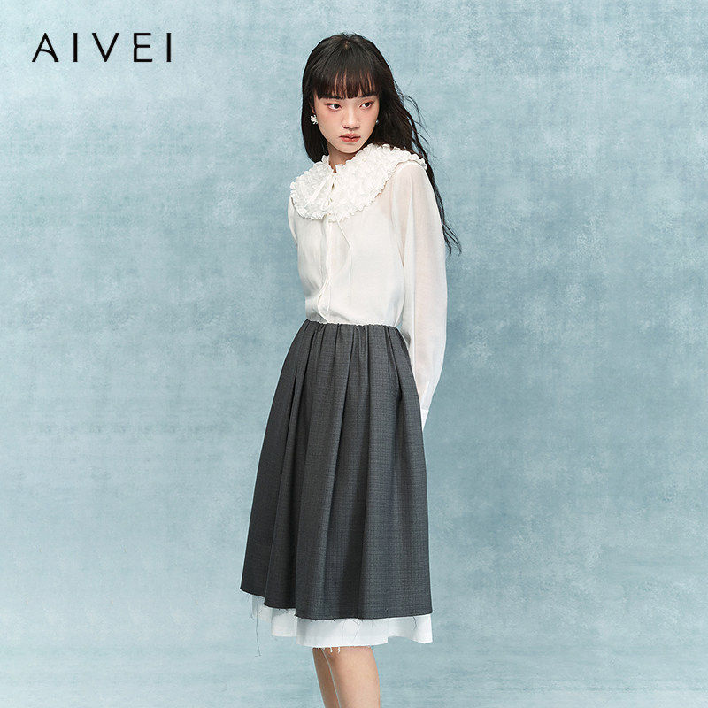AIVEI欣贺艾薇2026春季新少女浪漫披肩领长袖雪纺衬衫XSV1C01A