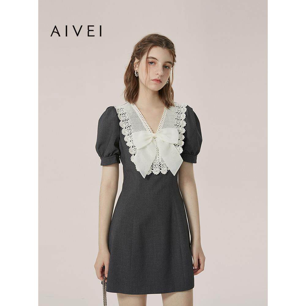 AIVEI欣贺艾薇 明星同款 春夏格雷千金小灰裙收腰连衣裙Q712301B