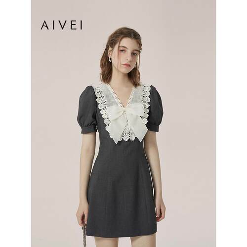 AIVEI欣贺艾薇 明星同款 春夏格雷千金小灰裙收腰连衣裙Q712301B