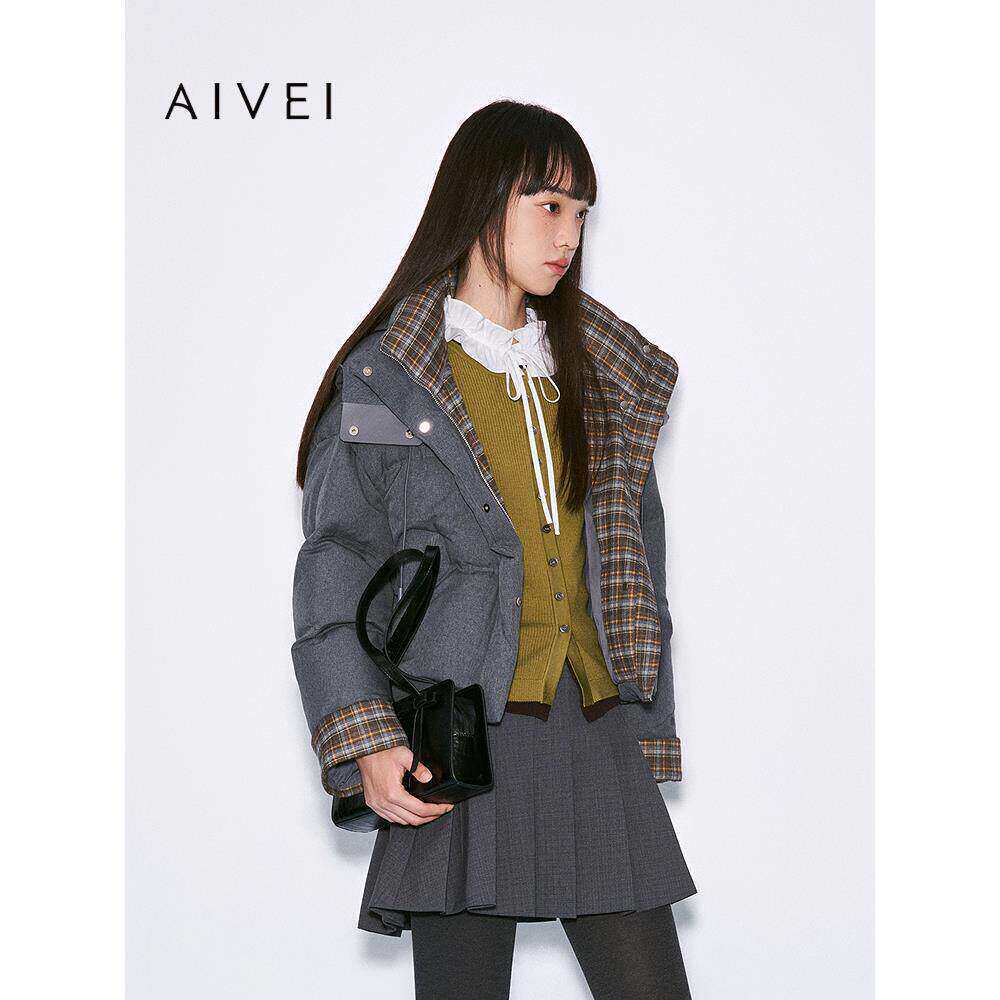 AIVEI欣贺艾薇2025冬季新复古英伦风格子拼接面包羽绒服XRV7G13B