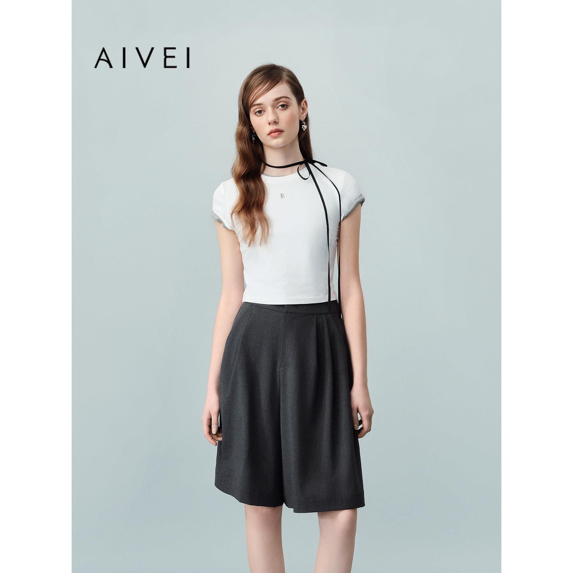 AIVEI欣贺艾薇2026夏季新简约百搭纯色正肩短袖圆领短T恤XSV3T03A