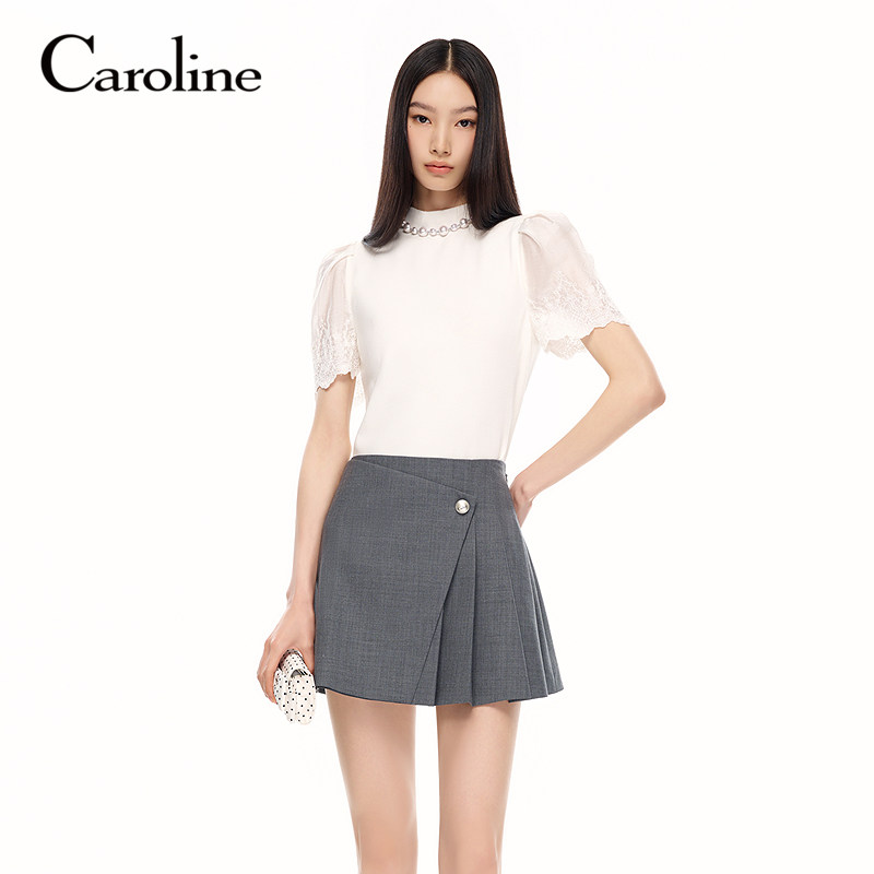 Caroline卡洛琳2026秋季新款绣花泡泡袖拼接针织衫上衣ESC4M09C