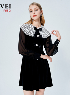 AIVEI欣贺艾薇秋新甜蕾丝娃娃领灯笼袖丝绒连衣裙P01W0045