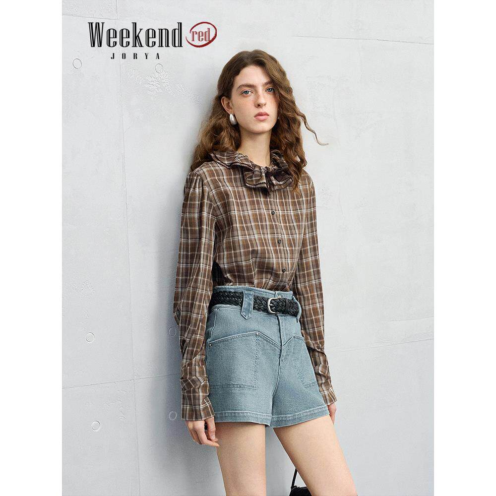 卓雅周末26春新复古可露丽格子拉夫领蝴蝶结长袖衬衫上衣XSW0C13A
