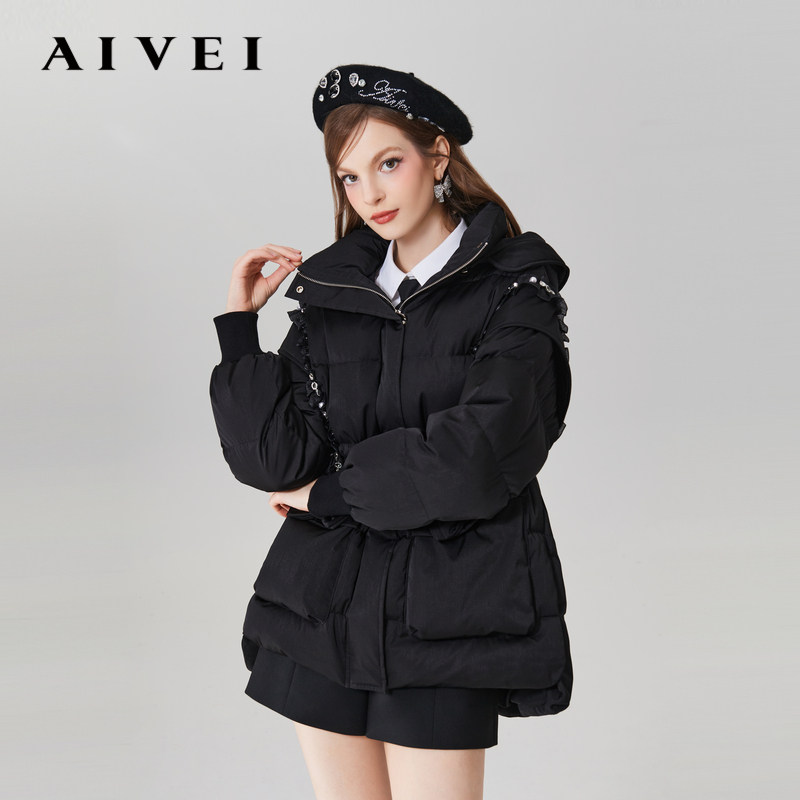 AIVEI欣贺艾薇冬新chic钉钻收腰加厚羽绒服中长款Q0660030