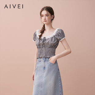 AIVEI欣贺艾薇2025早秋新chic甜美出游蕾丝格纹短袖衬衫XRV4S17A