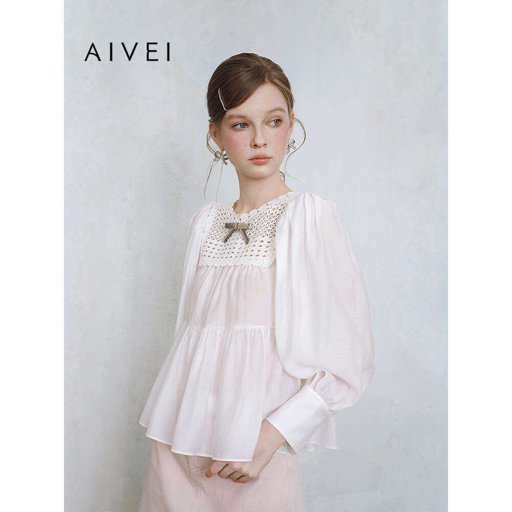 AIVEI欣贺艾薇2025春季小个子甜美减龄长袖娃娃雪纺衫S710602A
