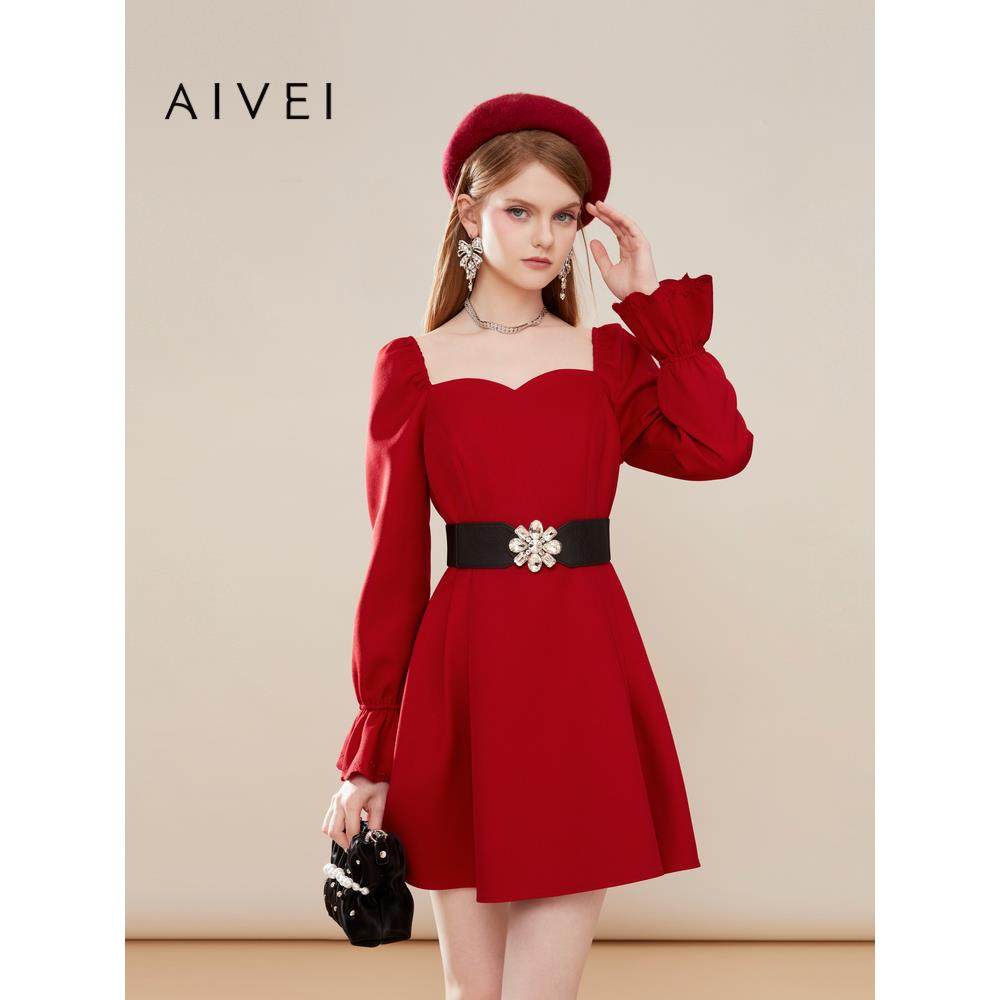 AIVEI欣贺艾薇冬新宴会生日洋装桃心领红色连衣裙Q0660169
