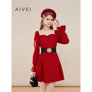 AIVEI欣贺艾薇冬新宴会生日洋装桃心领红色连衣裙Q0660169
