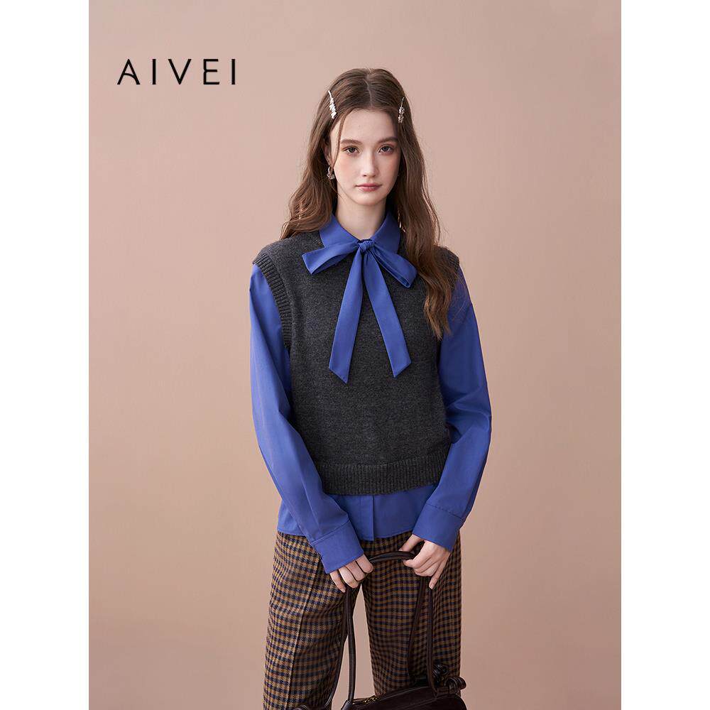 AIVEI欣贺艾薇2025秋季新高智学院英伦风假两件针织衫XRV5J02A