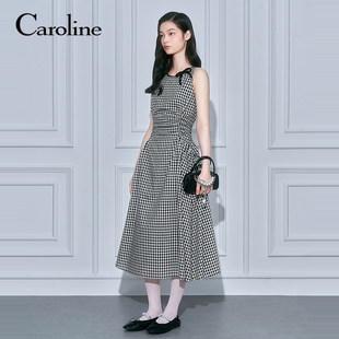 Caroline卡洛琳2026春季新款黑白小格纹收腰无袖连衣裙ESC0L02C